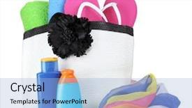  Presentation with beach bag - PPT theme featuring beach-bag-with-things-isolated background and a light blue colored foreground