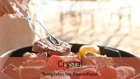  Presentation with steaks - Amazing PPT theme having beach bbq - man cooking steaks and vegetables backdrop and a red colored foreground