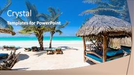  Presentation with beds - Audience pleasing PPT theme consisting of beach beds among palm trees at perfect tropical coast backdrop and a teal colored foreground