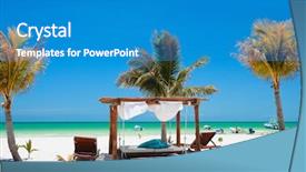  Presentation with beds - Cool new PPT layouts with beach beds among palm trees at perfect tropical coast backdrop and a teal colored foreground