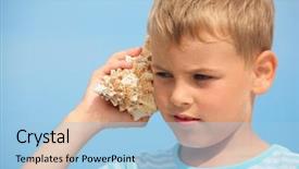  Presentation with sea shell - Colorful presentation theme enhanced with beach boys - little boy with shell listening backdrop and a light blue colored foreground