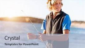  Presentation with sea fishing - Colorful slide deck enhanced with beach boys - teenage boy fishing at sea backdrop and a  colored foreground