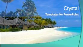  Presentation with tropical beach party - Presentation design enhanced with beach bungalows on a tropical background and a teal colored foreground