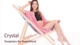  Presentation with fintech app pitch deck - Presentation theme having beach chairs - beautiful young woman sitting background and a sky blue colored foreground