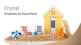  Presentation with white sand - Cool new presentation theme with beach-chairs-and-yellow-hut backdrop and a white colored foreground