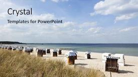  Presentation with sea shore - Audience pleasing theme consisting of beach chairs so-called strandkorbs at timmendorfer strand on the german baltic sea shore backdrop and a light blue colored foreground