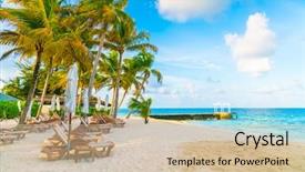  Presentation with maldives - Beautiful PPT theme featuring beach chairs with umbrella at maldives island white sandy beach and sea backdrop and a soft green colored foreground