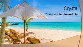  Presentation with maldives - Colorful slide deck enhanced with beach chairs with umbrella at maldives island white sandy beach and sea backdrop and a teal colored foreground
