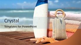  Presentation with lotion - Beautiful theme featuring beach concept with towels and lotion backdrop and a light blue colored foreground