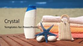  Presentation with lotion - Theme having beach concept with towels and lotion background and a soft green colored foreground