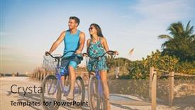  Presentation with young happy couple - Colorful slide set enhanced with beach-couple-biking-enjoying-leisure backdrop and a coral colored foreground