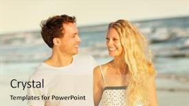  Presentation with honeymoon - Cool new theme with beach couple laughing walking at romantic sunset happy in love beautiful young couple enjoying summer vacation honeymoon travel holding hands at ocean sea caucasian man and woman lovers in their 20s backdrop and a lemonade colored foreground