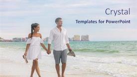  Presentation with romantic beach - Audience pleasing PPT theme consisting of beach couple romantic sunset walk asian woman and caucasian man relaxing walking on florida vacation beach travel holidays wearing white dress and linen clothes happy interracial relationship backdrop and a sky blue colored foreground