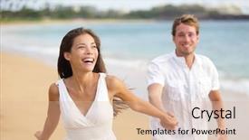  Presentation with girl running on the beach clouds - Slides enhanced with beach couple running having fun background and a lemonade colored foreground