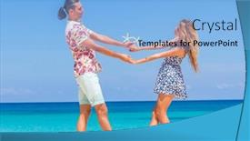  Presentation with romance - Theme with beach couple walking on romantic travel honeymoon vacation summer holidays romance young happy lovers holding hands embracing outdoors background and a light blue colored foreground