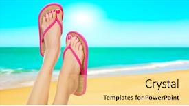  Presentation with summer time - Presentation theme having beach feet - pink sandals on woman legs background and a blonde colored foreground