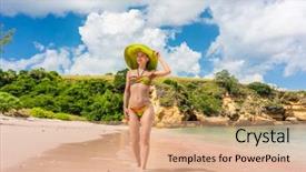  Presentation with beautiful young woman getting face - Theme enhanced with beach from komodo island indonesia background and a  colored foreground