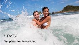  Presentation with sound waves wave oscillating - Amazing presentation having beach fun - cheerful couple enjoying the waves backdrop and a white colored foreground