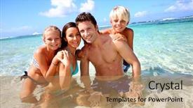  Presentation with water purification crystal - Amazing slide deck having beach fun - couple and children in crystal backdrop and a coral colored foreground