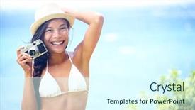  Presentation with multicultural - Presentation theme featuring beach fun people - woman with retro vintage camera playful laughing in bikini on blue ocean background wearing beach hat multicultural asian caucasian girl background and a cool aqua colored foreground
