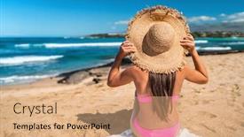  Presentation with holiday destination - Audience pleasing PPT layouts consisting of beach-girl-in-pink-bikini backdrop and a coral colored foreground