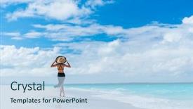  Presentation with tropical holiday - Audience pleasing presentation theme consisting of beach girl tourist on summer backdrop and a light blue colored foreground