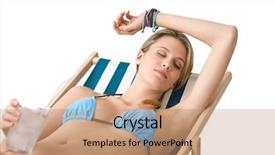  Presentation with cold drink - Beautiful presentation theme featuring beach - happy woman in bikini with cold drink relax on deck chair backdrop and a coral colored foreground