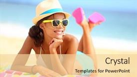  Presentation with happy holidays - PPT layouts enhanced with beach hat having summer background and a blonde colored foreground