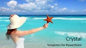  Presentation with turquoise beach - Theme enhanced with beach hat woman holding starfish with hand in a tropical turquoise sea background and a light blue colored foreground