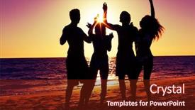  Presentation with beach party - Slide deck featuring businessman hand touching teamwork button on virtual screen background and a dark gray colored foreground