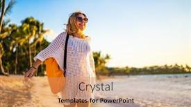  Presentation with tropical holiday - PPT layouts with beach-holiday-woman-walking background and a coral colored foreground