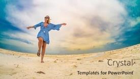  Presentation with tropical holiday - PPT theme having beach-holiday-woman-walking background and a lemonade colored foreground