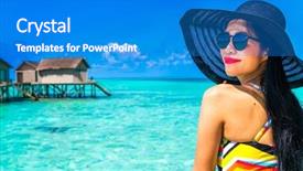  Presentation with beautiful fresh leaves water drops - Colorful theme enhanced with beach hotel - portrait of happy young woman backdrop and a  colored foreground