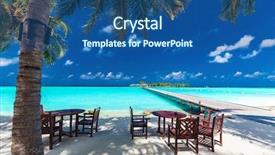  Presentation with palm oil seeds of tree - Beautiful slide set featuring beach hotel - tables and chairs backdrop and a ocean colored foreground