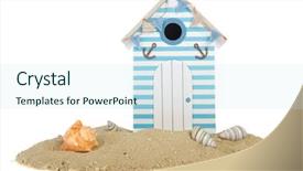  Presentation with hut - Beautiful slide deck featuring beach house or hut in the sand with shells backdrop and a sky blue colored foreground