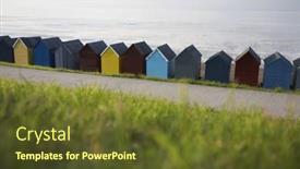  Presentation with beach - PPT theme enhanced with beach-huts-lined-up-along background and a tawny brown colored foreground