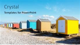  Presentation with beach - Slide set having beach-huts-or-colorful-bathing background and a light blue colored foreground