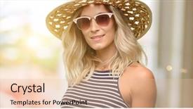  Presentation with hat - Theme having beach invitation - young woman using sunglasses wearing background and a  colored foreground