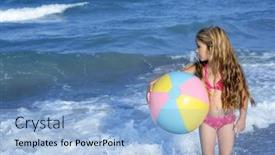  Presentation with beach ball - Colorful PPT layouts enhanced with beach little girl colorful ball vacation playing in blue sea backdrop and a light blue colored foreground