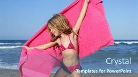  Presentation with pink blue - PPT theme enhanced with beach little girl playing pink towel and wind in blue sea background and a ocean colored foreground