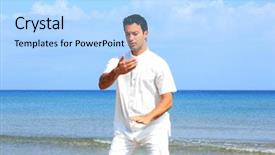  Presentation with tai chi - Amazing PPT theme having beach meditating - tai chi backdrop and a light blue colored foreground