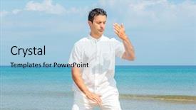  Presentation with tai chi - Beautiful presentation theme featuring beach meditating - tai chi backdrop and a light blue colored foreground