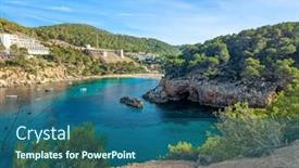  Presentation with port - PPT layouts having beach-of-port-sant-miquel background and a ocean colored foreground