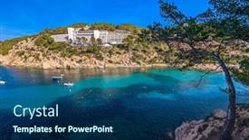  Presentation with port - Presentation design having beach-of-port-sant-miquel background and a navy blue colored foreground