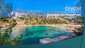  Presentation with port - Slides with beach-of-port-sant-miquel background and a teal colored foreground