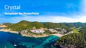  Presentation with port - PPT theme with beach-of-port-sant-miquel background and a teal colored foreground