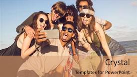  Presentation with children and turn taking - Slide deck consisting of group happy youth having - cheerful young multiethnic friends taking background and a coral colored foreground