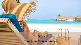  Presentation with young sing woman singing young - Audience pleasing presentation theme consisting of beach on wooden sun bed backdrop and a coral colored foreground