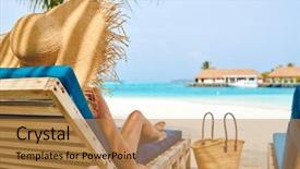  Presentation with young sing woman singing young - Beautiful slide set featuring beach on wooden sun bed backdrop and a gold colored foreground