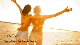  Presentation with beach party - Cool new slide deck with beach party - two beautiful young girlfriends opened backdrop and a yellow colored foreground